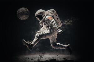 astronaute en jouant football dans vide espace. génératif ai illustration photo