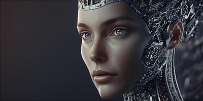 futuriste cyborg robotique fille avec une complexe neural cerveau fils. artificiel intelligence neural Les données science La technologie concept. génératif ai illustration. photo