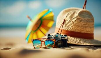 tropical plage avec bain de soleil accessoires, des lunettes de soleil, été vacances concept Contexte photo