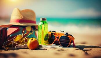tropical plage avec bain de soleil accessoires, des lunettes de soleil, été vacances concept Contexte photo