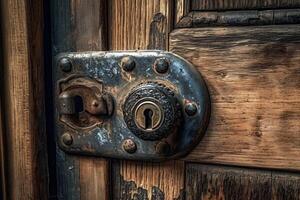 vieux porte fermer à clé sur une en bois porte. ai généré photo