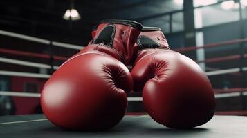 rouge boxe gants dans le bague génératif ai photo