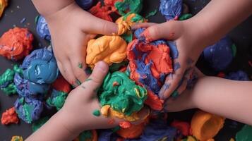 les enfants en jouant avec coloré pâte à modeler génératif ai photo