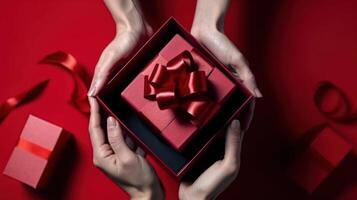 mains donner une rouge cadeau boîte, vacances cadeau pour fille génératif ai photo