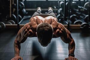 athlète Faire des pompes de le sol dans le Gym génératif ai photo