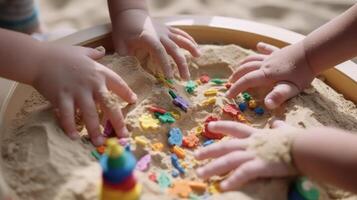 les enfants mains dans le bac à sable, les enfants jouer avec le sable génératif ai photo