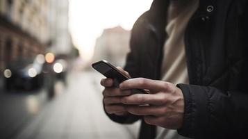 proche en haut de une homme en utilisant mobile intelligent téléphone dans le ville photo