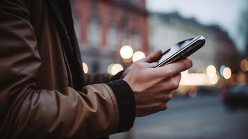 proche en haut de une homme en utilisant mobile intelligent téléphone dans le ville photo