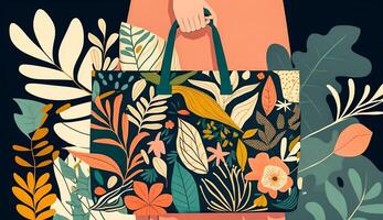proche en haut femme en portant achats sac avec moderne coloré tropical floral modèle. main tiré illustration, génératif ai photo