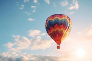 coloré chaud air ballon en volant sur ciel à le coucher du soleil. Voyage et air transport concept. génératif ai. photo