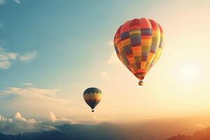 coloré chaud air ballon en volant sur ciel à le coucher du soleil. Voyage et air transport concept. génératif ai. photo