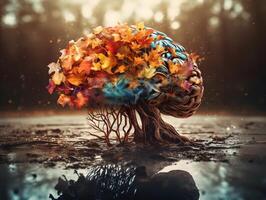 Humain cerveau arbre avec coloré feuilles, Créatif esprit avec la nature Contexte. ai généré photo