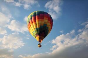 coloré chaud air ballon en volant sur ciel à le coucher du soleil. Voyage et air transport concept. génératif ai. photo