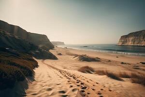 incroyable plage avec interminable horizon et traces sur le sable. génératif ai. photo