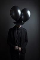 une homme vaisselle une noir chemise couvertures le sien visage avec une noir ballon. cache de problèmes. génératif ai. photo