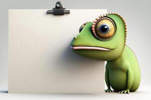 ai généré 3d mignonne caméléon dessin animé et Vide tableau blanc. photo