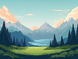 illustration de plat été dessin animé paysage. des champs avec des arbres et montagnes dans le Contexte. génératif ai. photo