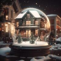 joyeux Noël neige globe avec une maison sur chute de neige hiver Contexte. 3d illustration. établi avec génératif ai. photo