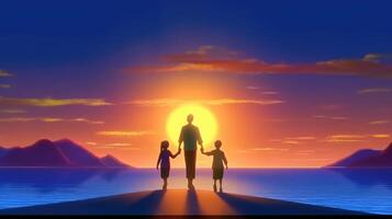 famille vacances dans la nature. Jeune maman, papa et leur filles et fils rencontrer à le coucher du soleil. établi avec génératif ai. photo
