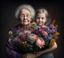 de la mère journée et aux femmes journée salutation carte concept. une bouquet de Frais tulipes dans grand-mère et petite fille mains. doux câlins les mères et filles. ai généré illustration photo