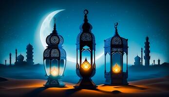 Ramadan kareem à thème, lanterne islamique mosquée et croissant lune dans le désert à nuit, génératif ai photo