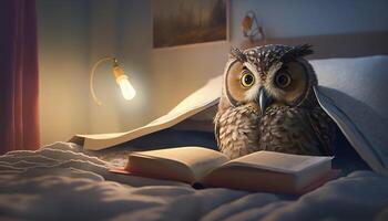 hibou en train de lire livre sur lit dans lit chambre, sagesse et connaissance concept, génératif ai photo