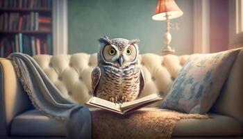 hibou en train de lire livre sur canapé, sagesse et connaissance concept, génératif ai photo