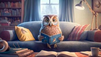 hibou en train de lire livre sur canapé, sagesse et connaissance concept, génératif ai photo