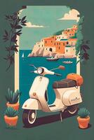 magnifique illustration de une beige italien scooter sur une pastel Couleur rue. génératif ai. photo