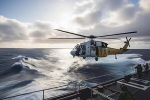 chercher et porter secours opération dans mer. urgence porter secours hélicoptère mouches plus de mer surface, à la recherche pour victimes après accident. établi avec génératif ai photo