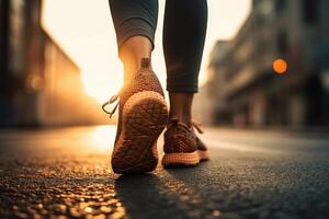 une fille coureur fait du une Matin courir dans une ville rue. baskets des chaussures fermer. jogging, en cours d'exécution, bien-être, aptitude, santé concept.déconcentré et flou Contexte photo