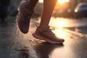 une fille coureur fait du une Matin courir dans une ville rue. baskets des chaussures fermer. jogging, en cours d'exécution, bien-être, aptitude, santé concept.déconcentré et flou Contexte photo