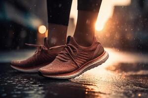 une fille coureur fait du une Matin courir dans une ville rue. baskets des chaussures fermer. jogging, en cours d'exécution, bien-être, aptitude, santé concept.déconcentré et flou Contexte photo