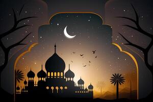 Ramadan kareem mosquée islamique salutations, belle nuit et lune conception Contexte et illustration. ai généré photo