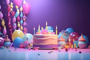 content anniversaire à vous conception Contexte avec gâteau et bougies décoration et ballon. ai généré photo