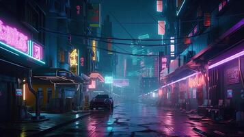 génératif ai, nuit scène de après pluie ville dans cyberpunk style, futuriste nostalgique années 80, années 90. néon lumières vibrant couleurs, photoréaliste horizontal illustration. photo