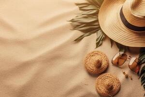 tropical plage avec bain de soleil accessoires, des lunettes de soleil, été vacances concept Contexte photo