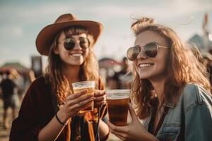 femelle copains applaudissement avec Bière à la musique festival, été plage fête photo