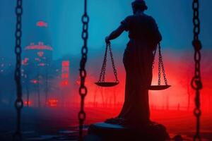 légal loi concept. silhouette de le statue de Justice sur avec lumières à brumeux Contexte photo