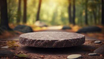 pierre planche vide table dans de face de flou Contexte. la perspective marron pierre plus de brouiller des arbres dans forêt. génératif ai photo