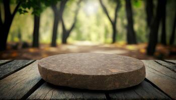 pierre planche vide table dans de face de flou Contexte. la perspective marron pierre plus de brouiller des arbres dans forêt. génératif ai photo