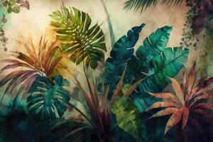 ai généré tropical les plantes et des arbres aquarelle La peinture pour texture Contexte photo fond d'écran.