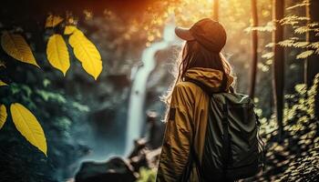 arrière vue de fille sac à dos Voyage dans parc jardin et magnifique nature, content Masculin touristique à Voyage dans sauvage voyage randonnée pendant vacances voyageur et vacances. inexistant personne. génératif ai photo