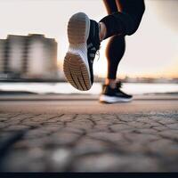 fermer de une coureur chaussure dans action. un pied sur le sol fermement, et le autre côté levé à préparer à monter et monter, en cours d'exécution. inexistant personne. génératif ai photo