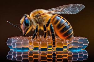 une mon chéri abeille travaux dans une ruche sur nids d'abeilles. fermer, sélectif se concentrer. fermer vue de le travail les abeilles sur mon chéri cellules. abeille sur rayon de miel. génératif ai photo