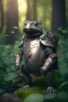 le grenouille dans armure dans le jungle est fabriqué avec génératif ai La technologie photo