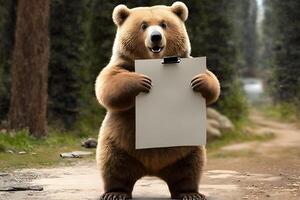 une ours est en portant une Vide tableau noir fabriqué par génératif ai technologie photo