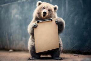 une ours est en portant une Vide tableau noir fabriqué par génératif ai technologie photo