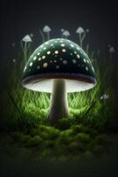 vert champignon sur herbe avec lumières fabriqué par génératif ai La technologie photo