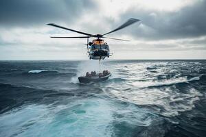 chercher opération dans mer. urgence porter secours hélicoptère mouches plus de mer surface. génératif ai photo
